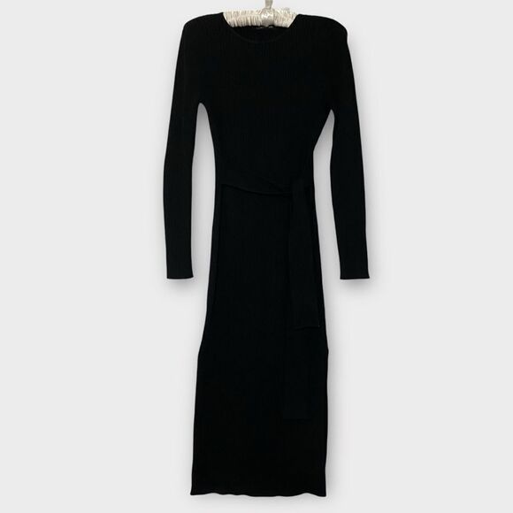 Sweater Dress Ribbed Knit Crewneck Belted Side Slits Long Sleeve Black Size M - Picture 7 of 11